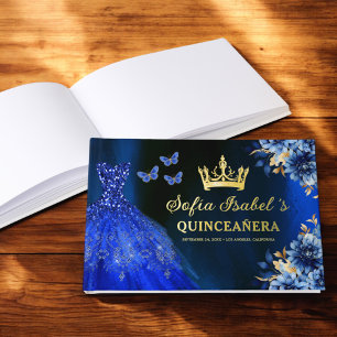 Quinceañera Royal Blue Gold Princess Butterflies Foil Guest Book