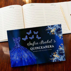 Quinceañera Royal Blue Gold Princess Butterflies Guest Book
