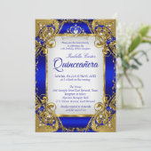 Quinceanera Royal Blue Golden Pearl Tiara Party Invitation (Standing Front)