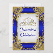 Quinceanera Royal Blue Golden Pearl Tiara Party Invitation (Back)