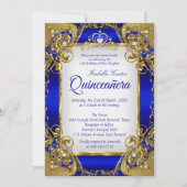 Quinceanera Royal Blue Golden Pearl Tiara Party Invitation (Front)