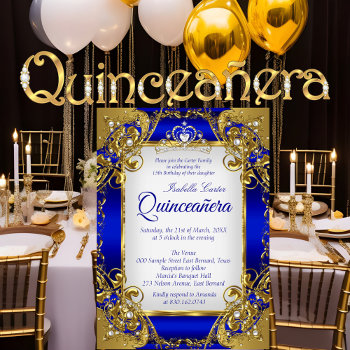 Quinceanera Royal Blue Golden Pearl Tiara Party Invitation by Zizzago at Zazzle