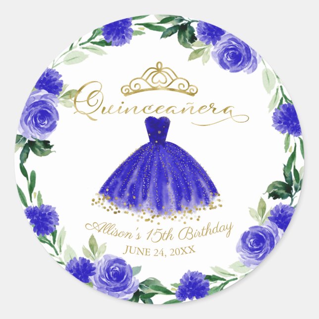 Quinceanera Royal Blue Gown Floral Classic Round Sticker (Front)