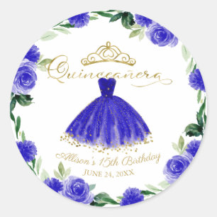 Quinceanera Royal Blue Gown Floral Classic Round Sticker