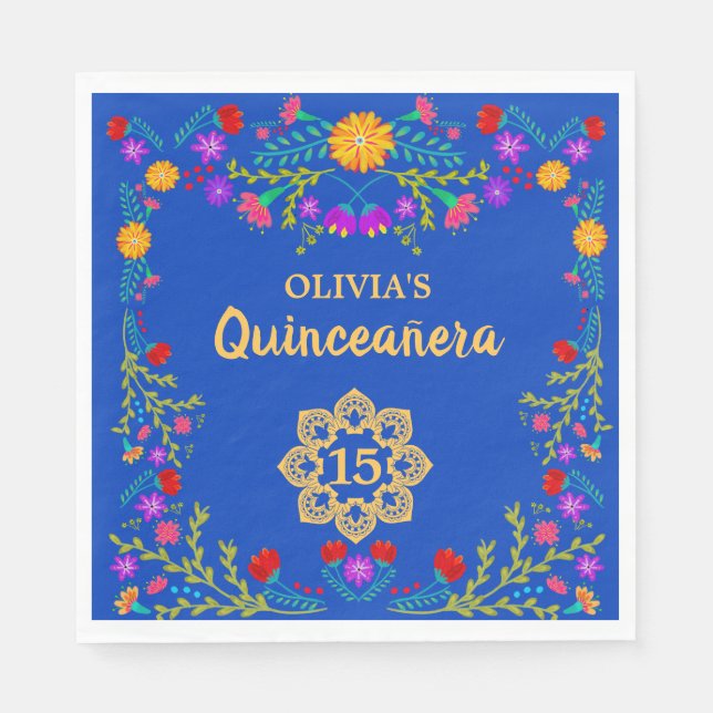 Quinceanera Royal Blue Mexican Fiesta Birthday Napkins (Front)