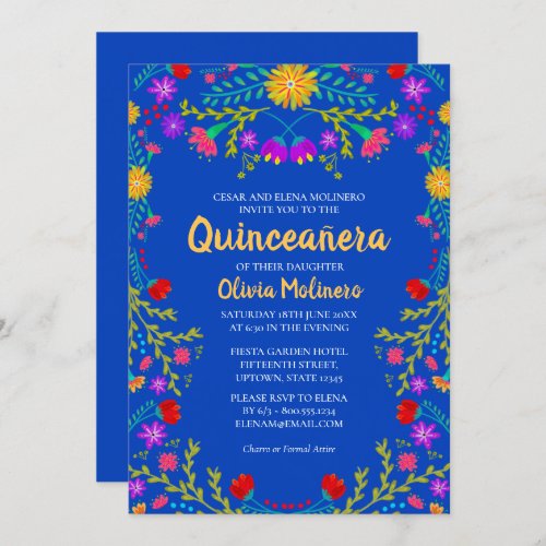 Quinceanera Royal Blue Mexican Flowers Birthday Invitation