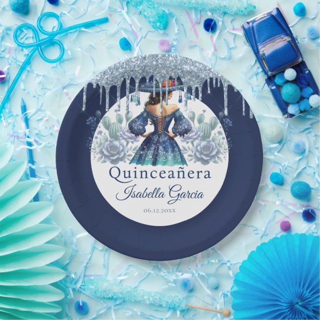 Quinceañera Royal Blue Mexican Style Paper Plates (Party)