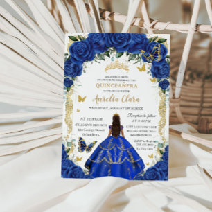 Quinceañera Royal Blue Roses Floral Vintage Gold Invitation