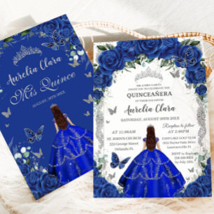 Quinceañera Royal Blue Roses Floral Vintage Silver Invitation