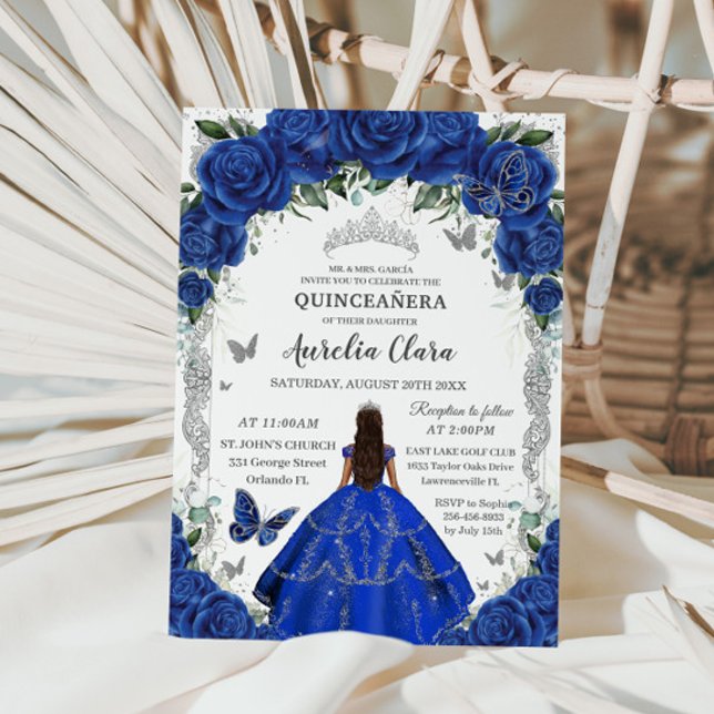 Quinceañera Royal Blue Roses Floral Vintage Silver Invitation (Creator Uploaded)