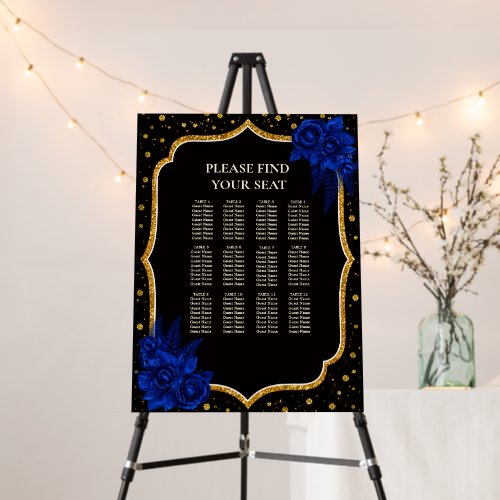 Quinceanera Royal Blue Roses Gold Seating Chart Foam Board