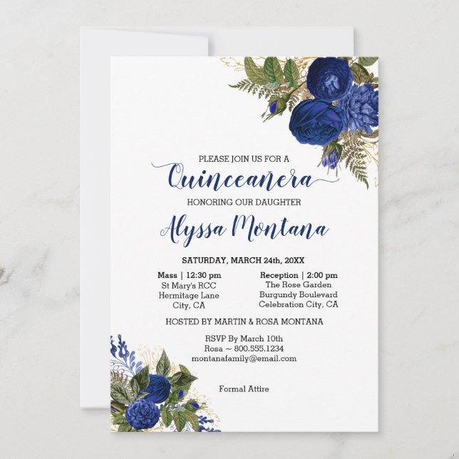 Quinceanera Royal Blue Roses Mass & Reception Invitation (Front)