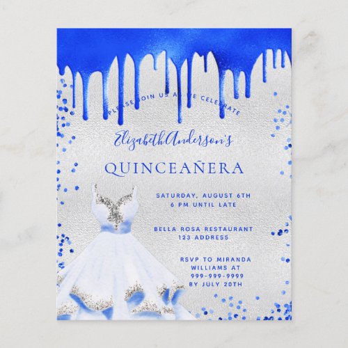 Quinceanera royal blue silver budget invitation flyer