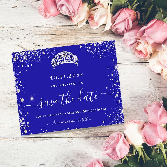 Quinceanera royal blue silver budget save date flyer (Creator Uploaded)