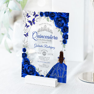 Quinceanera Royal Blue Silver Floral Acrylic Invitations