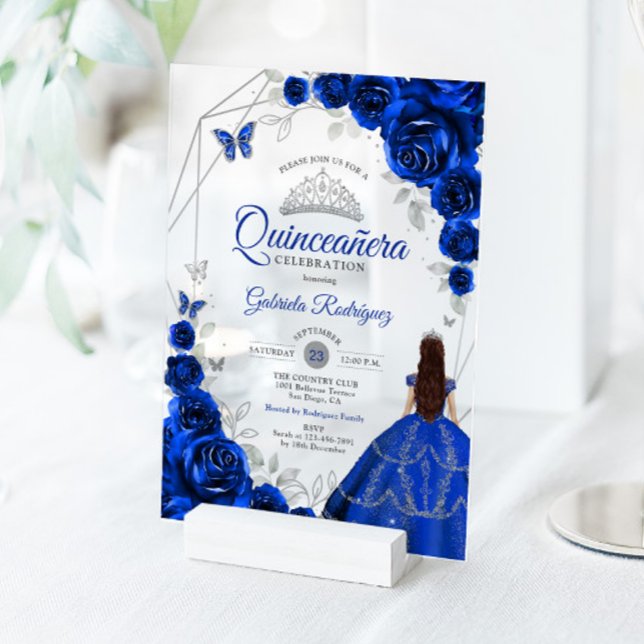 Quinceanera Royal Blue Silver Floral Dress Acrylic Invitations (Creator Uploaded)