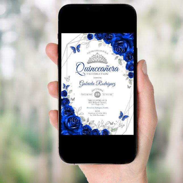Quinceanera Royal Blue Silver Floral Invitation (Front Digital)