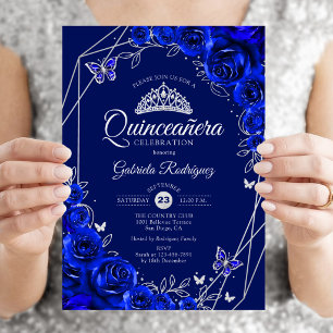 Quinceanera Royal Blue Silver Floral Invitation