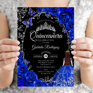Quinceanera Royal Blue Silver Floral Invitation