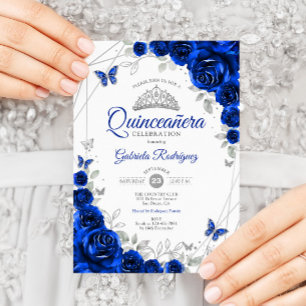 Quinceanera Royal Blue Silver Floral Invitation