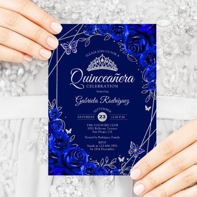 Quinceanera Royal Blue Silver Floral Invitation (Creator Uploaded)