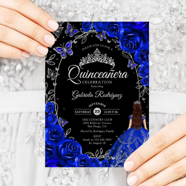 Quinceanera Royal Blue Silver Floral Invitation | Zazzle
