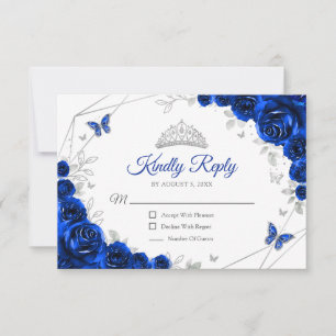 Quinceanera Royal Blue Silver Floral Reply RSVP Card