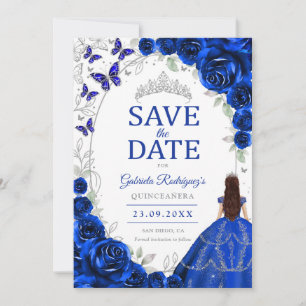 Quinceanera Royal Blue Silver Floral Save The Date