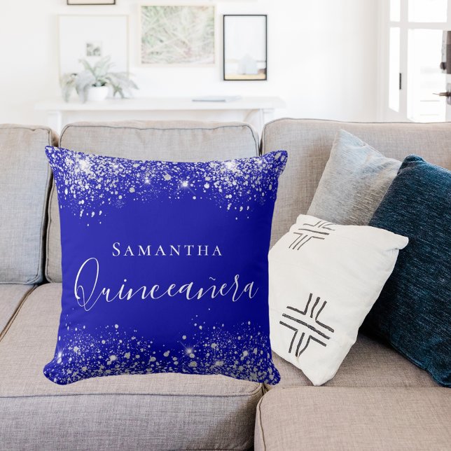 Quinceanera royal blue silver glitter dust name throw pillow (Creator Uploaded)