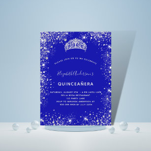 Quinceanera royal blue silver glitter dust tiara invitation postcard