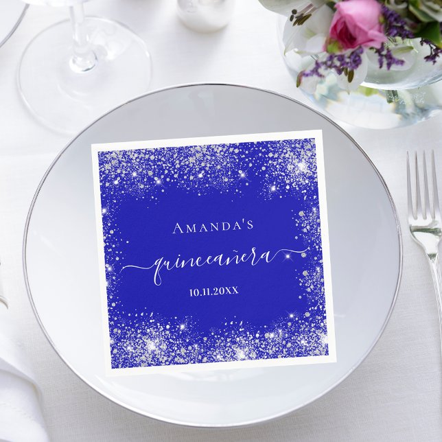 Quinceanera royal blue silver glitter monogram napkins (Creator Uploaded)
