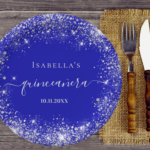 Quinceanera royal blue silver glitter monogram paper plates