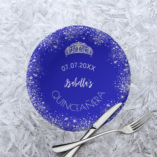 Quinceanera royal blue silver glitter name paper bowls (Creator Uploaded)