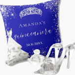 Quinceanera royal blue silver glitter tiara dress throw pillow<br><div class="desc">For an elegant Quinceañera,  15th birthday.  A trendy royal blue background color,   the blue color is uneven. Decorated with faux silver glitter dust, a tiara crown and a dress. Personalize and add a name,  age and a date. Quinceañera is written with a modern hand lettered style script with swashes.</div>