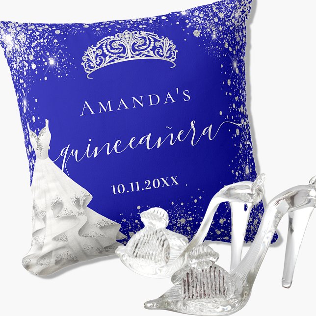 Quinceanera royal blue silver glitter tiara dress throw pillow (Creator Uploaded)