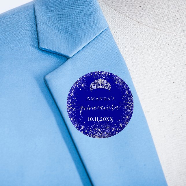 Quinceanera royal blue silver glitter tiara name button (Creator Uploaded)