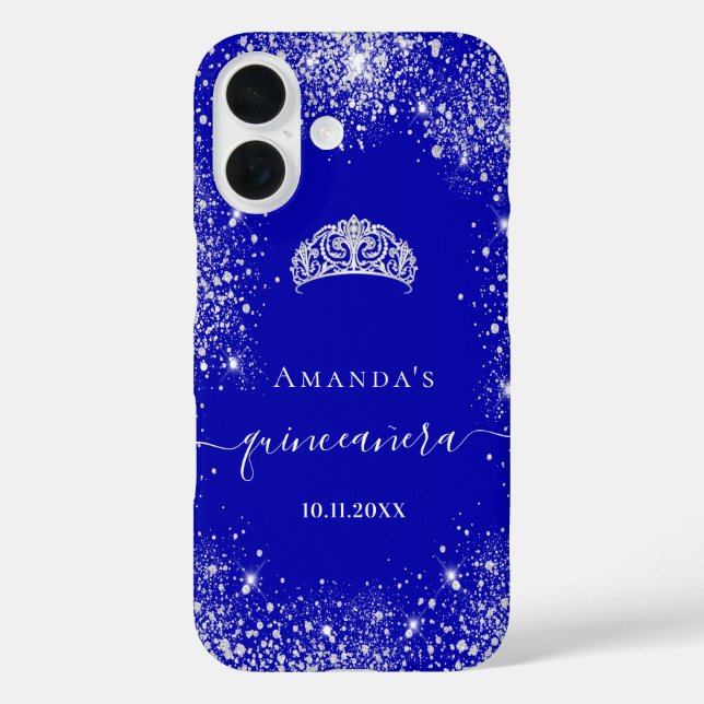 Quinceanera royal blue silver glitter tiara name Case-Mate iPhone case (Back)