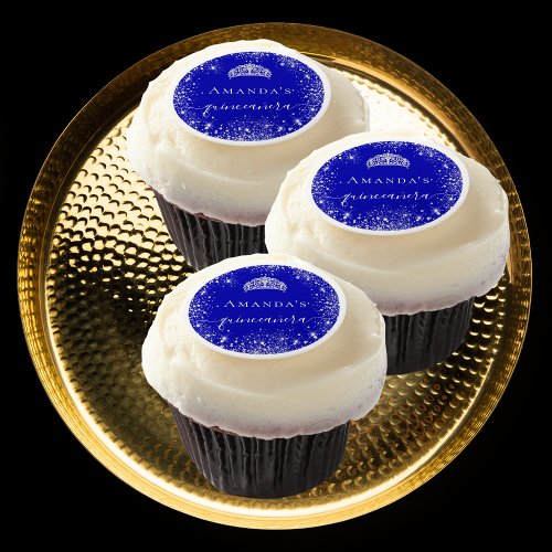 Quinceanera royal blue silver glitter tiara name edible frosting rounds