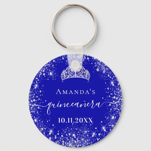 Quinceanera royal blue silver glitter tiara name keychain