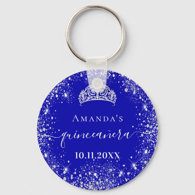 Quinceanera royal blue silver glitter tiara name keychain (Front)