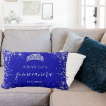 Quinceanera royal blue silver glitter tiara name lumbar pillow<br><div class="desc">For an elegant Quinceañera,  15th birthday.  A trendy royal blue background color. Decorated with faux silver glitter dust, a tiara crown. Personalize and add a name,  age and a date. Quinceañera is written with a modern hand lettered style script with swashes.</div>