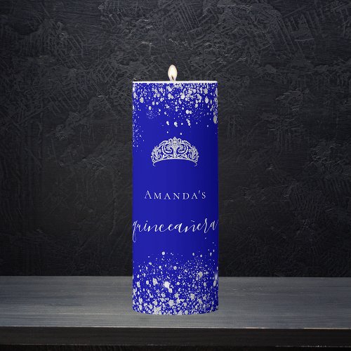Quinceanera royal blue silver glitter tiara name pillar candle