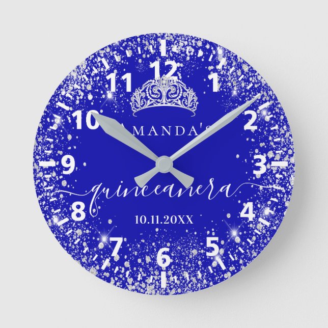 Quinceanera royal blue silver glitter tiara name round clock (Front)