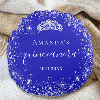 Quinceanera Royal Blue Silver Glitter Tiara Name Round Pillow by EllenMariesParty at Zazzle