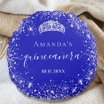 Quinceanera royal blue silver glitter tiara name round pillow<br><div class="desc">For an elegant Quinceañera,  15th birthday.  A trendy royal blue background color. Decorated with faux silver glitter dust, a tiara crown. Personalize and add a name,  age and a date. Quinceañera is written with a modern hand lettered style script with swashes.</div>