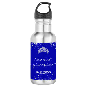 Quinceanera royal blue silver glitter tiara name stainless steel water bottle