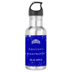 Quinceanera royal blue silver glitter tiara name stainless steel water bottle