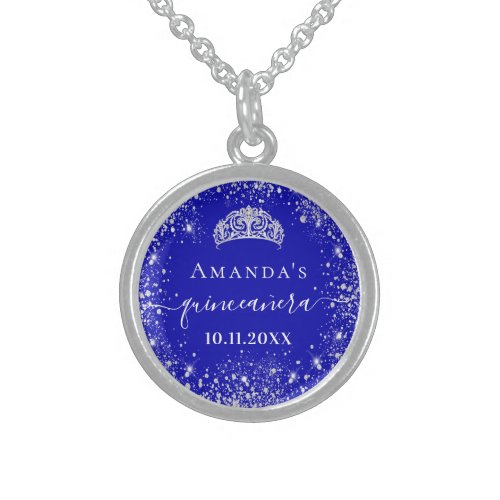 Quinceanera royal blue silver glitter tiara name sterling silver necklace