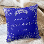 Quinceanera royal blue silver glitter tiara name throw pillow<br><div class="desc">For an elegant Quinceañera,  15th birthday.  A trendy royal blue background color. Decorated with faux silver glitter dust, a tiara crown. Personalize and add a name,  age and a date. Quinceañera is written with a modern hand lettered style script with swashes.</div>