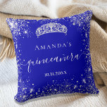Quinceanera royal blue silver glitter tiara name throw pillow<br><div class="desc">For an elegant Quinceañera,  15th birthday.  A trendy royal blue background color. Decorated with faux silver glitter dust, a tiara crown. Personalize and add a name,  age and a date. Quinceañera is written with a modern hand lettered style script with swashes.</div>
